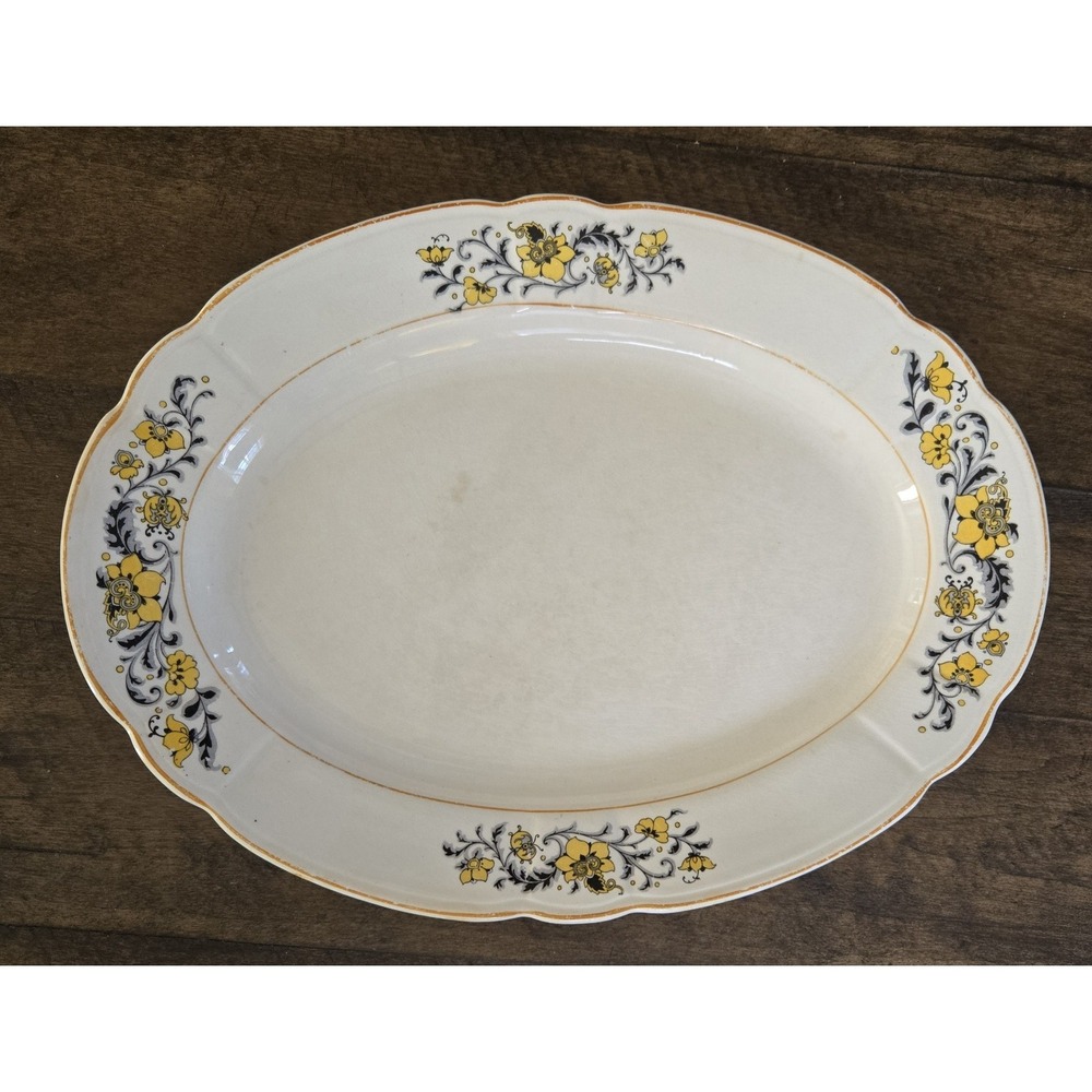 Vintage Oval Platter Floral Hand  Painted Scalloped Edges 1930's To 1950's